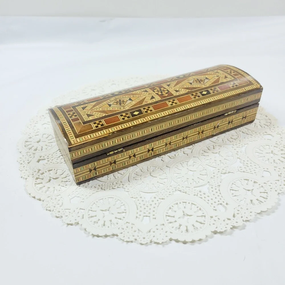Middle Eastern Marquetry Mosaic Inlaid Wood Box Jewelry Pens Trinkets